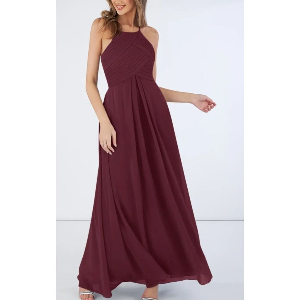 AZAZIE GINGER A-Line Pleated Chiffon Floor-Length Dress Cabernet